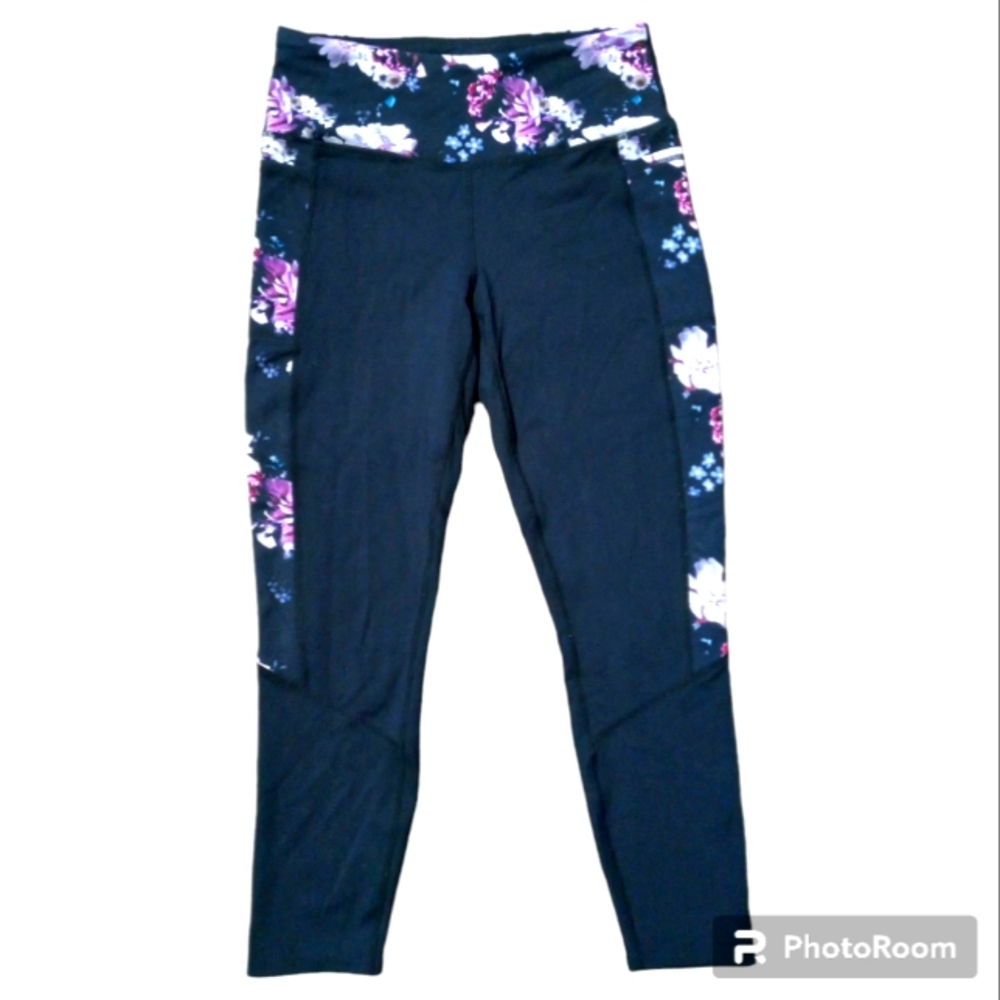 Skechers Los Angeles Black Floral Leggings With 2 Pockets Size Medium